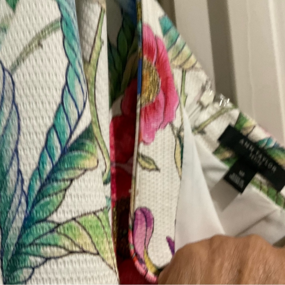 Ann Taylor White Button-Down Shirt with Pink Floral & Green Leaf Print